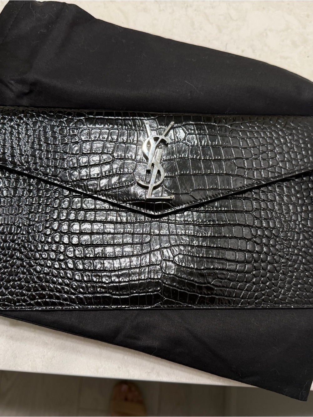 Saint Laurent Black Croc-Embossed Envelope Clutch with Silver YSL Hardware
